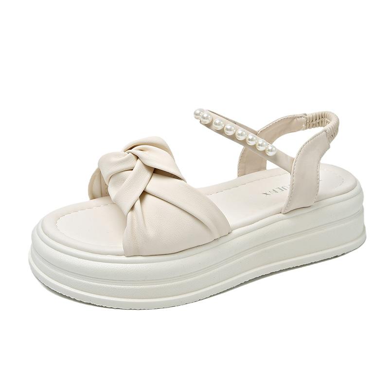 Bow pearl belt muffin bottom platform sandals women's 2025 summer new fashion simple beach soft sole women's shoes