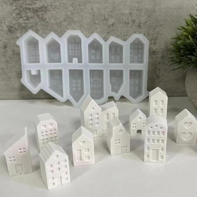 Forma Silikonowa Dom Wielokrotnego Użytku, 12 Sztuk 3D Form Silikonowych Domków, Silikonowa Forma Domu na Świecę Gipsową, Formy do Rękodzieła, Formy do Robienia Świec Świątecznych