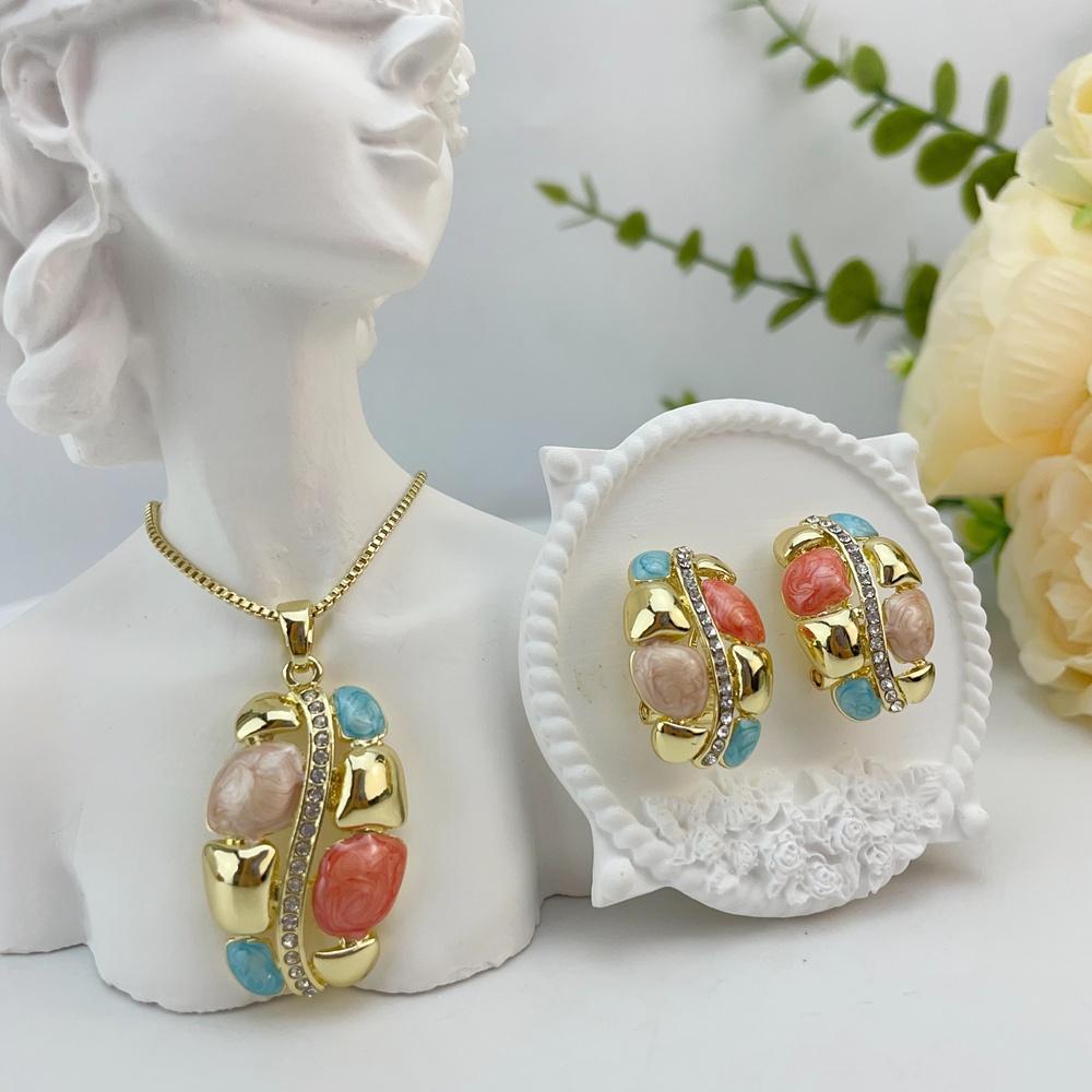 Multi Color Resin Gem Wrapped Metal Jewelry Set Women Necklace Earring Retro Luxury Accessory KY25173