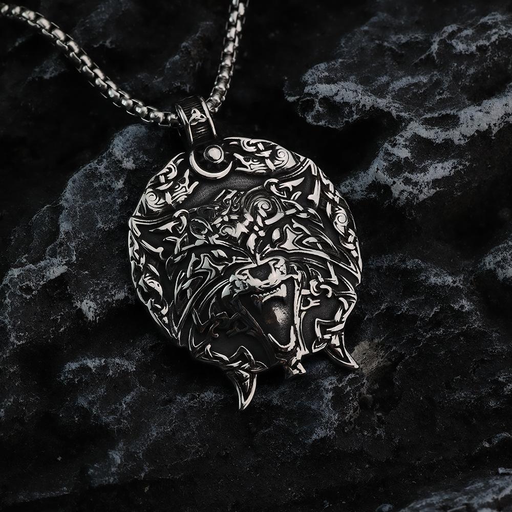 Vintage Stainless Steel Men's Viking Wolf Head Pendant Necklace
