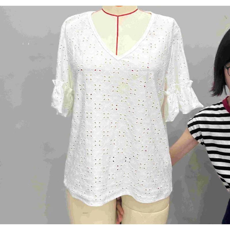 Summer Women's New Style Knitted Embroidered Hollow Ruffled V-neck Short-sleeved T-shirt Top