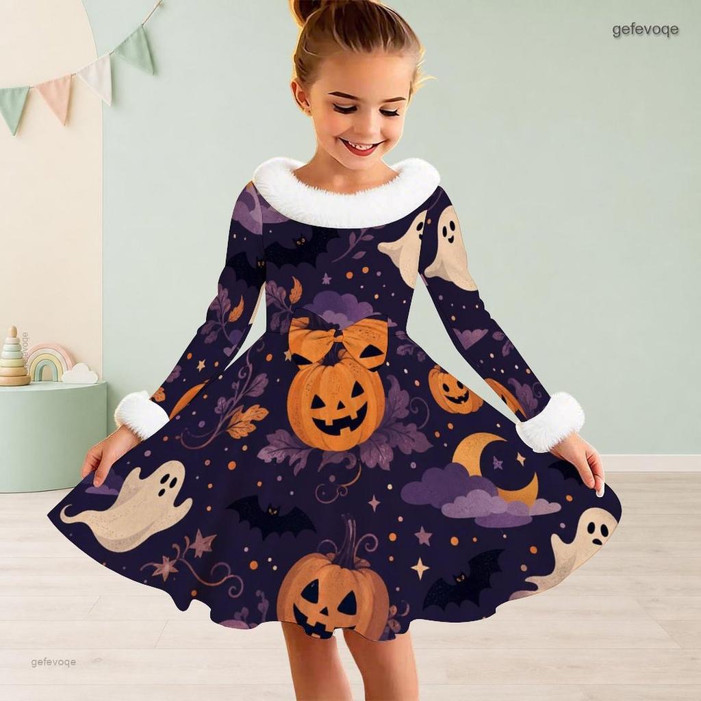 Girls High Neck Long Sleeve Furry Trim Printed Witch Frog Pattern A Line Flared Dress