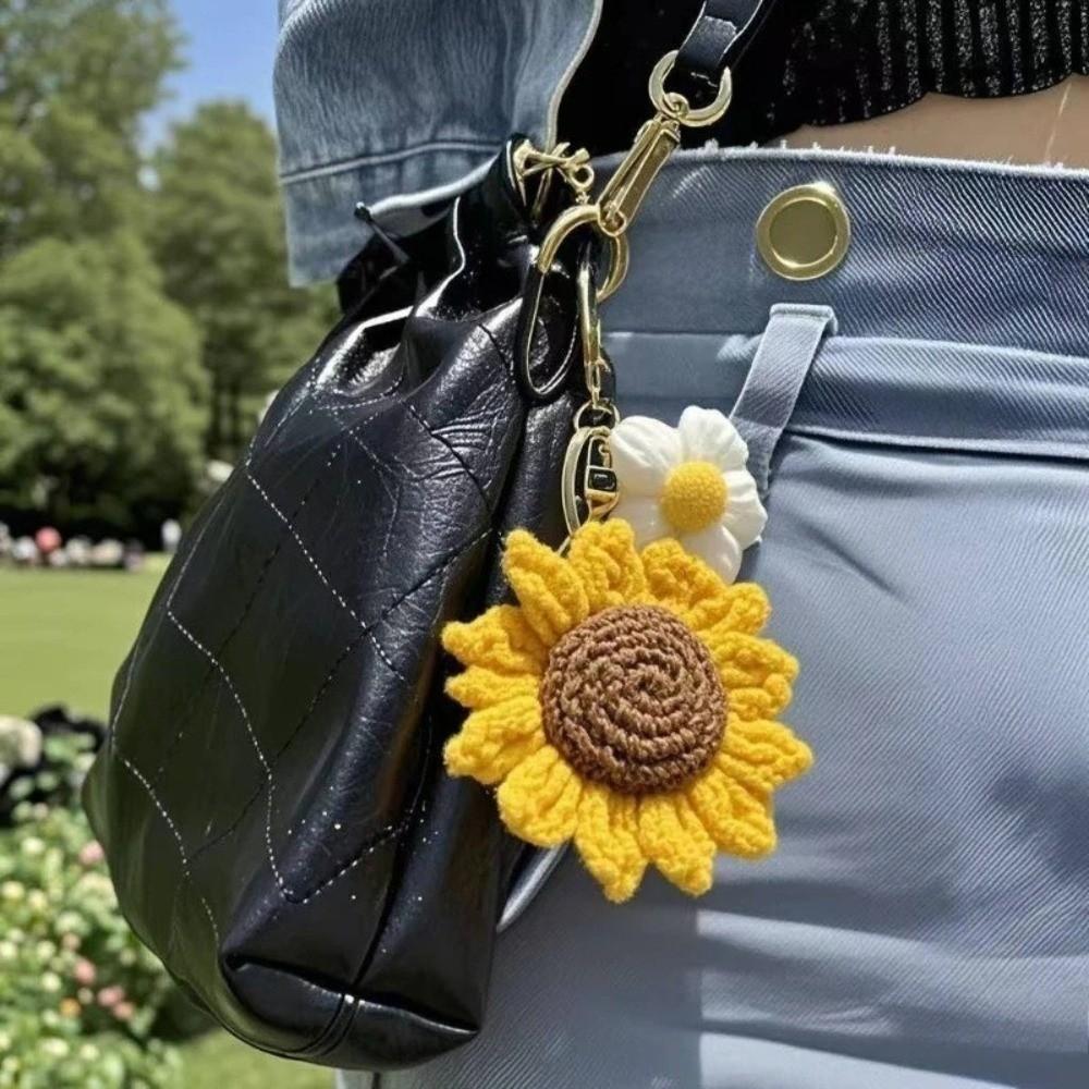Cotton Crochet Sunflower Pendant Fabric Bag Lanyard Charm Cute Knitted Keychain Daily