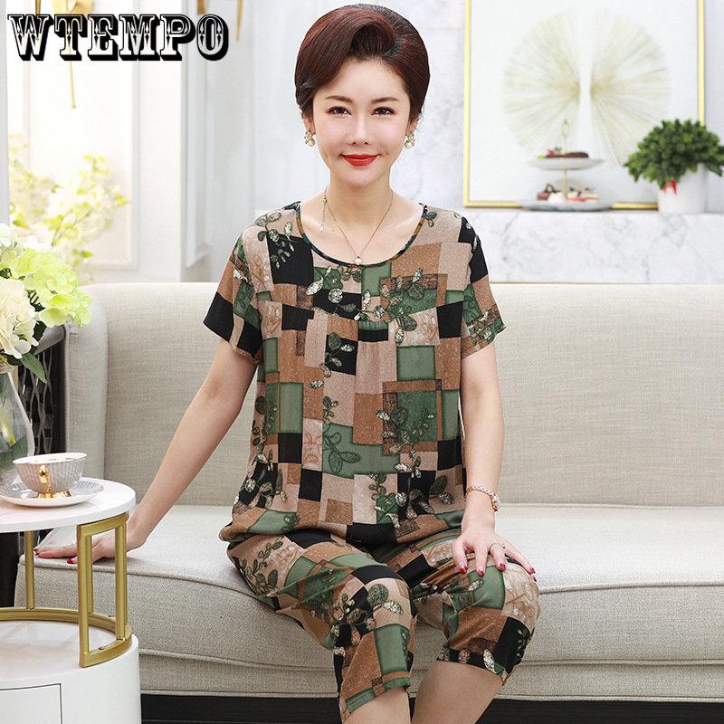 WTEMPO Sommer Mutter Zwei-stück Set Große Größe Großmutter Kleidung Kurzen ärmeln T-shirt Hosen Set Home Wear