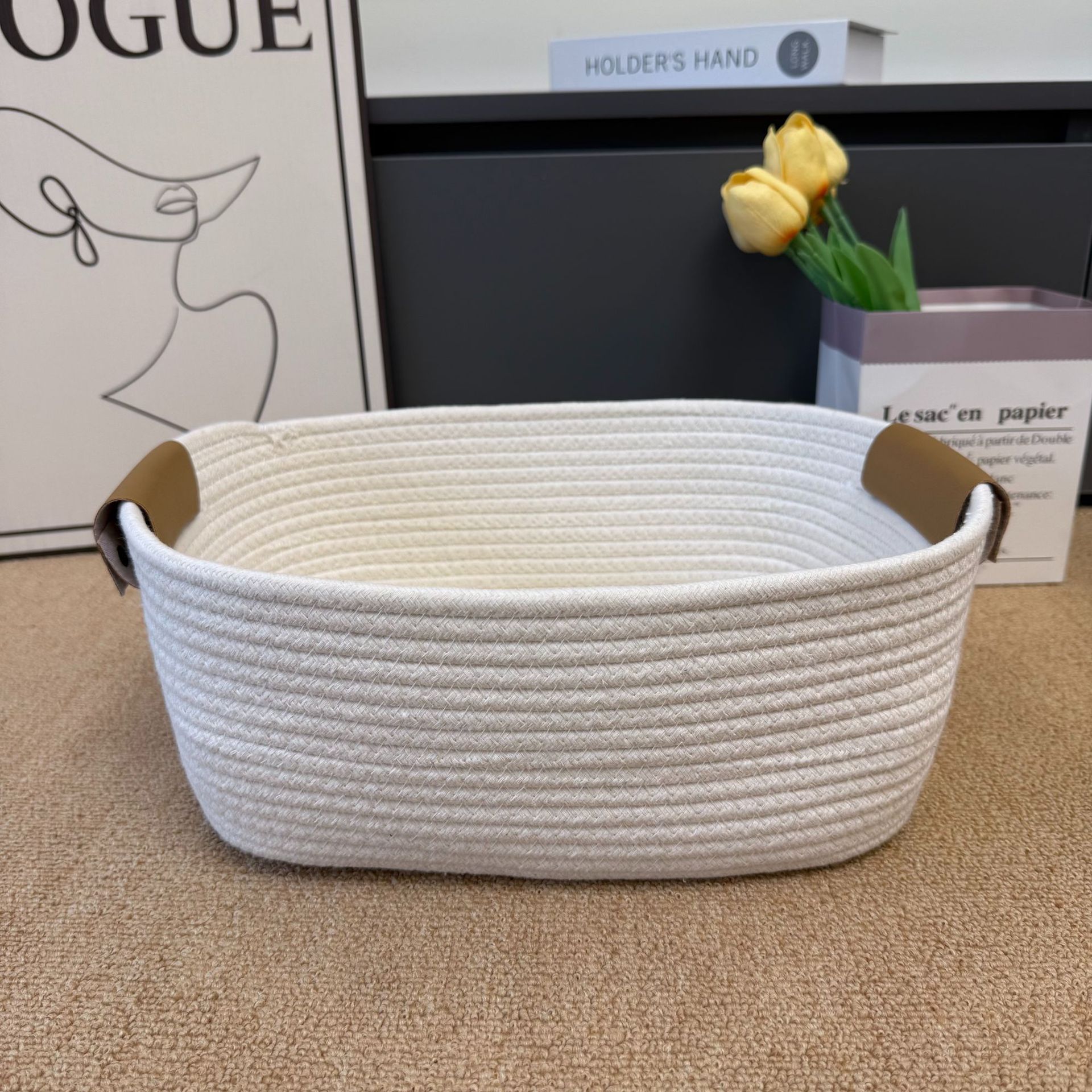 

Dirty clothes basket, cotton rope woven leather handle storage basket, miscellaneous items sorting, dirty clothes basket M белый
