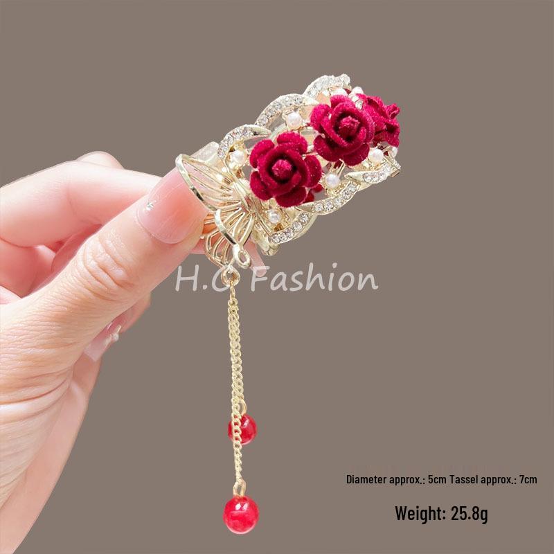 Püsküllü Beyaz Lotus İnci Yüksek At Kuyruğu Saç Tokası, Kadınlar İçin Yarı Bağlı Saç Sabitleme için Başın Arkasına Takılan Toka.