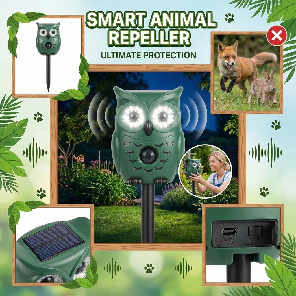 Outdoor Animal Repeller with Ultrasonic Sound Motion Sensor and Waterproof Design for Garden Yard Farm Protection Stake Mounted