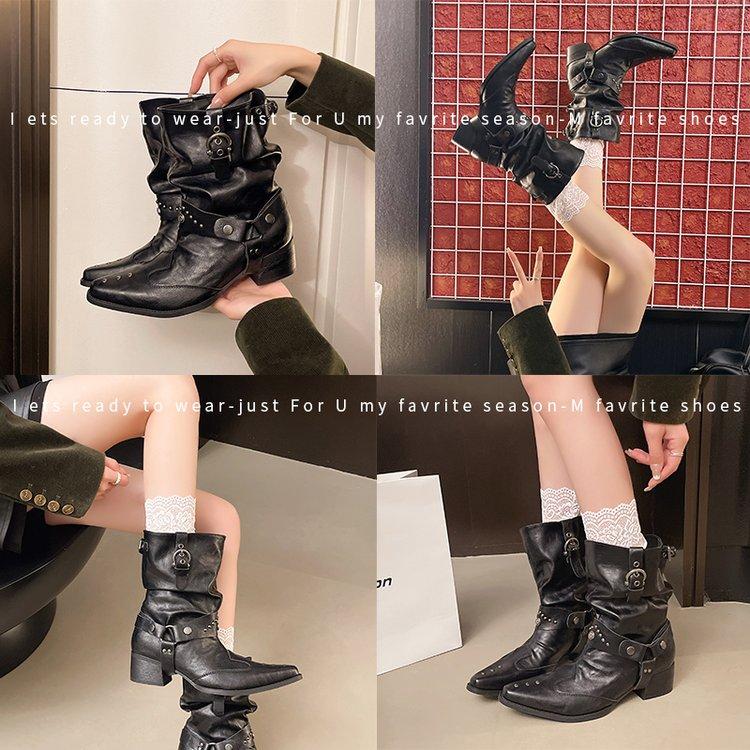 Woman Knight Boots Vintage Rivet Hottie Shoes 2026 Autumn Ladies Elegant Pointed Toe Thick Heel Western Cowboy Botas Para Mujer