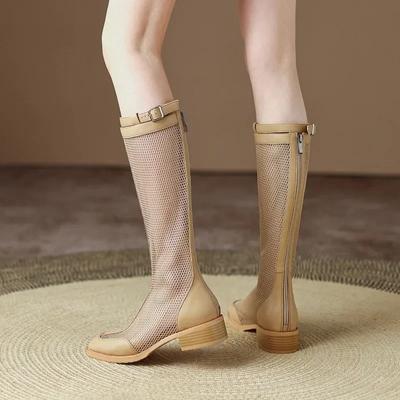 Stivali da donna alla moda, scarpe in rete traspiranti, tacchi bassi, lunghezza al ginocchio, scarpe estive, sandali alla moda con suola in gomma cava, per esterni ed eleganti