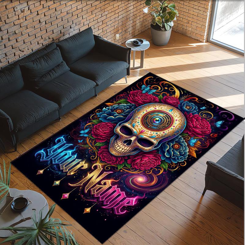 Day of the Dead Theme Crystal Velvet Rug Personalized Custom Name Text Soft Floor Mat Home Decor