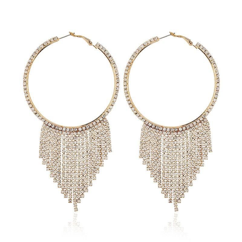 European  American Trendy Women s Hoop Tassel Rhinestone Earrings with Claw Chain
