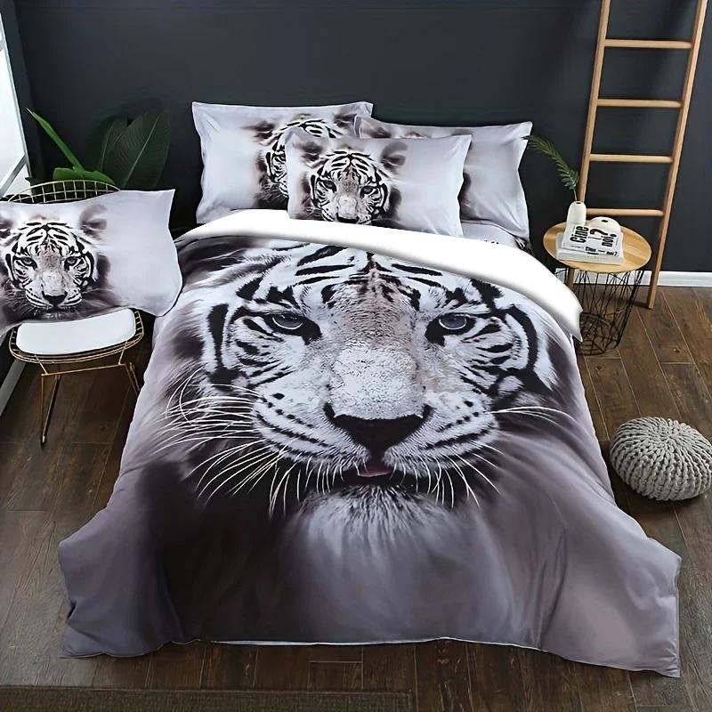 3-Piece White Tiger Bedding Set - Vibrant HD Printed Duvet Cover & Pillowcases, Soft & Cozy - Perfect for Bedroom, Guest Room
