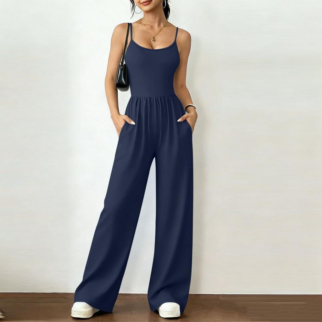 Women's Fashionable Casual Plain-Coloured -Neck Wrap-Around Wide-Leg Loose-Fit Jumpsuit