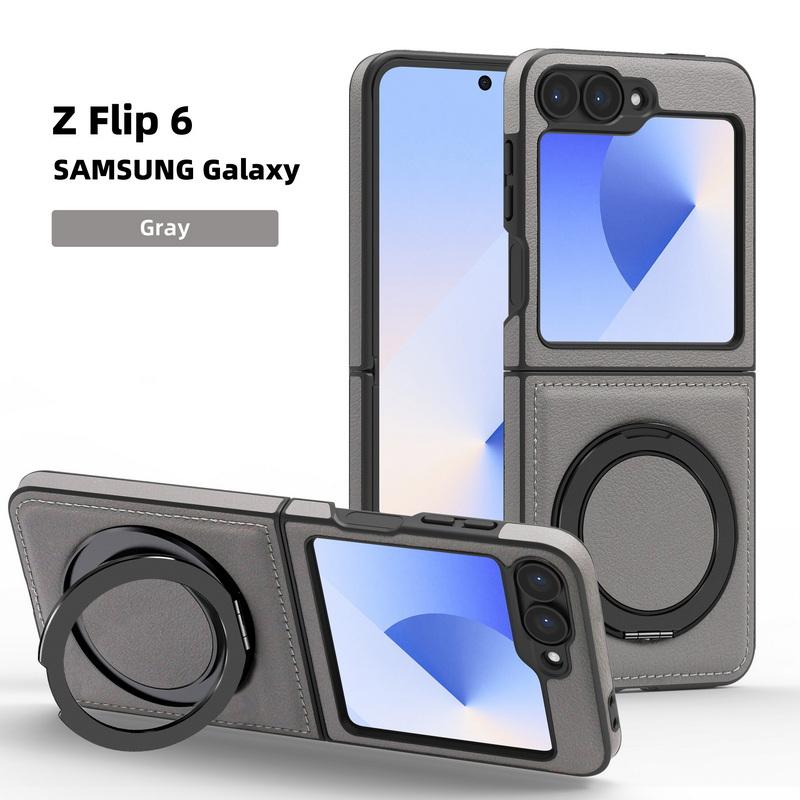 Solid Color Leather Slim 2pcs Folding Phone Case For Samsung Galaxy Z Flip6 Flip5 Flip4 3 Wireless Charge Shockproof Magnetic Metal Stand Back Cover