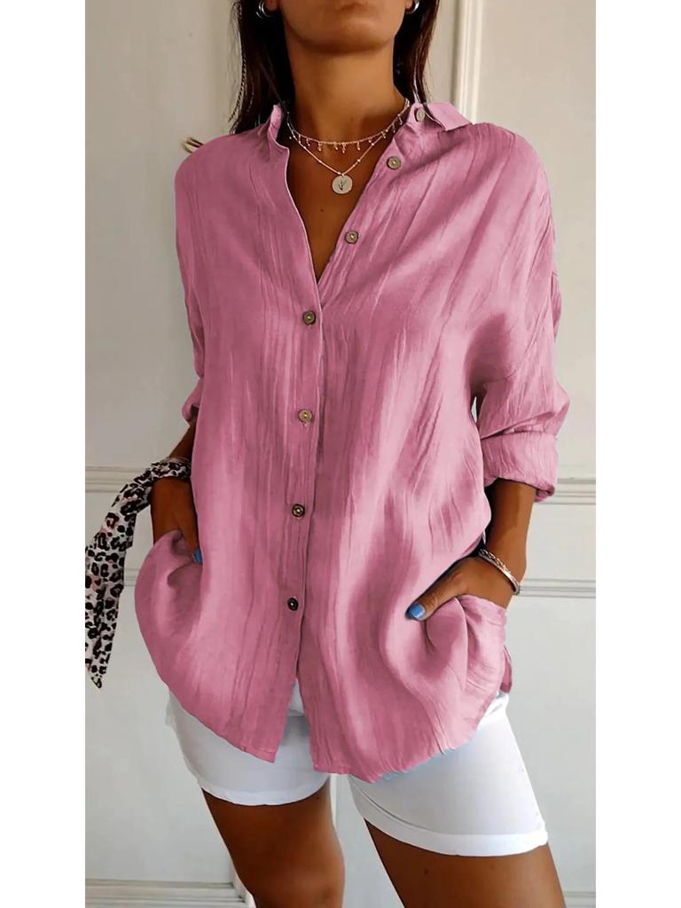 2026 Women's Single-Breasted Turn-Down Collar Shirt, Solid Color with Roll-Up Sleeves