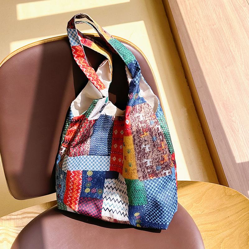 New women's bag retro ethnic style contrasting color collage shoulder hand satchel large capacity underarm canvas bag women's shoulder bag