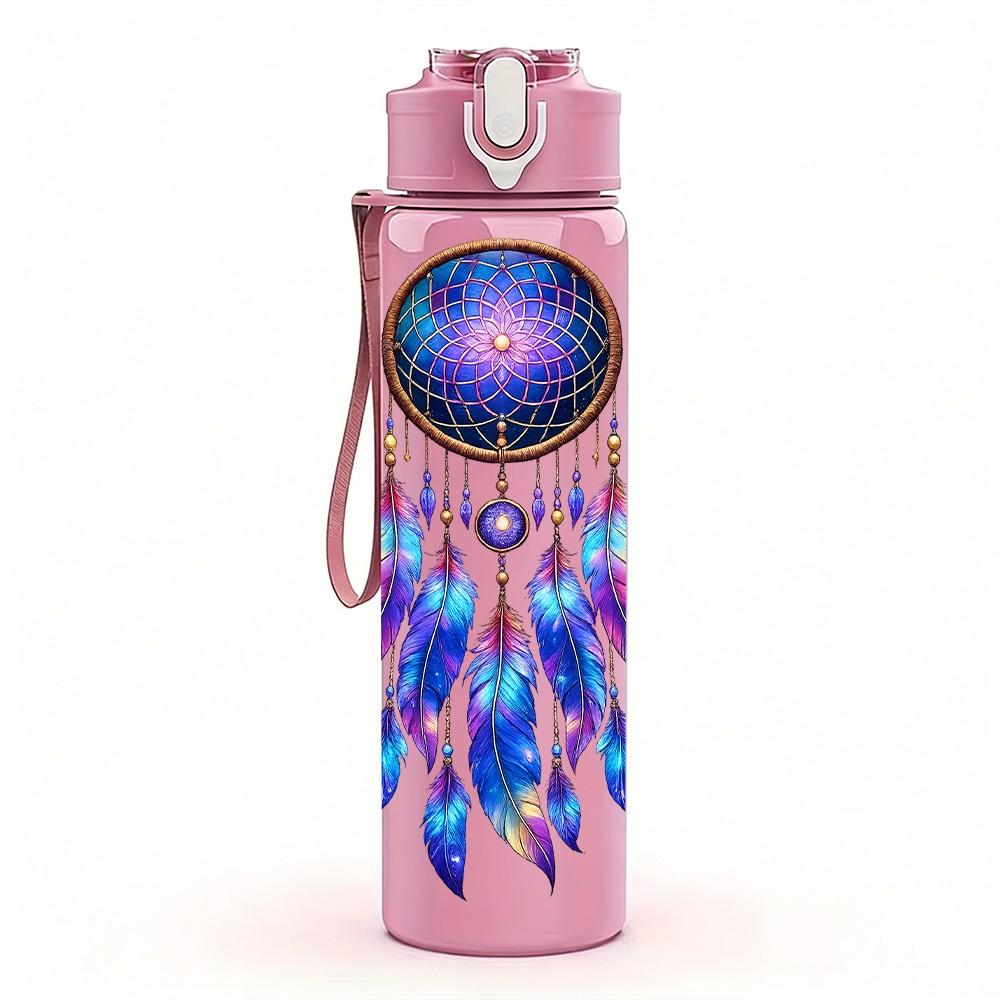1PC Boho Feather Dreamcatcher Art Print 750ml Color Plastic Sports Water Bottle Leakproof Flip Straw Lid Suitable for Sports Office Home Use