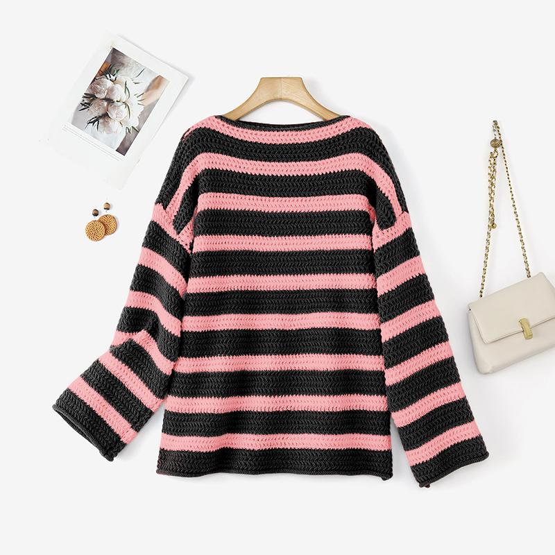 ZANZEA Women O-neck Long Sleeve Striped Knitted Pullover Sweaters Knitwear Jumpers
