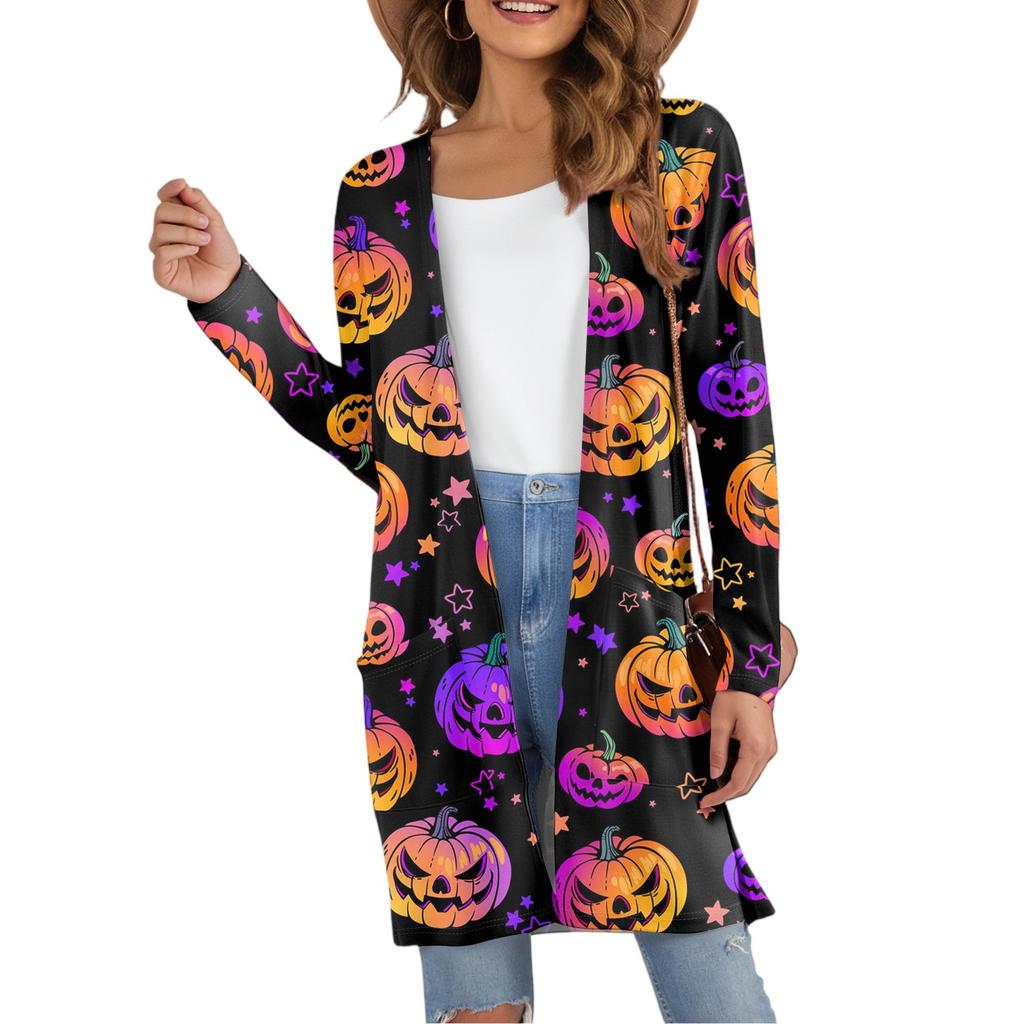 Women's Fashion Casual Comfortable Halloween Printed Mid-Length Cardigan With Pockets Jacket