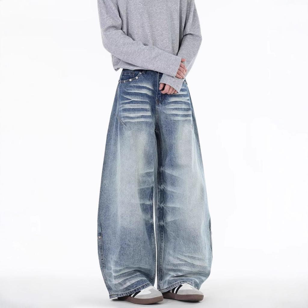 Vintage Washed Blue Cat Whisker Curved Knife Jeans for Men and Women, Slightly Flared Loose Wide-leg Floor-length Scythe Pants, Straight-leg Harem