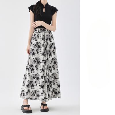 Neue chinesische Eisseide Tuschemalerei Hose für Damen Sommer Neu Plissiert Halbkörper Lässig und Vielseitig Hohe Taille Hängend Weitbein Rockhose