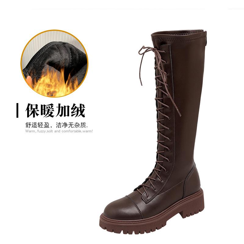 

Осенне-зимние длинные кожаные женские ботинки на шнуровке в рыцарском стиле, женские эластичные ботинки на толстой подошве с внутренней платформой, увеличивающей рост 40