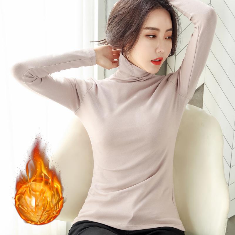 Turtleneck Thin Velvet Base Shirt for Women Long Sleeve Solid Color Korean Version Women's Clothing Warm Slim Fit Sleek T-shirt for Women