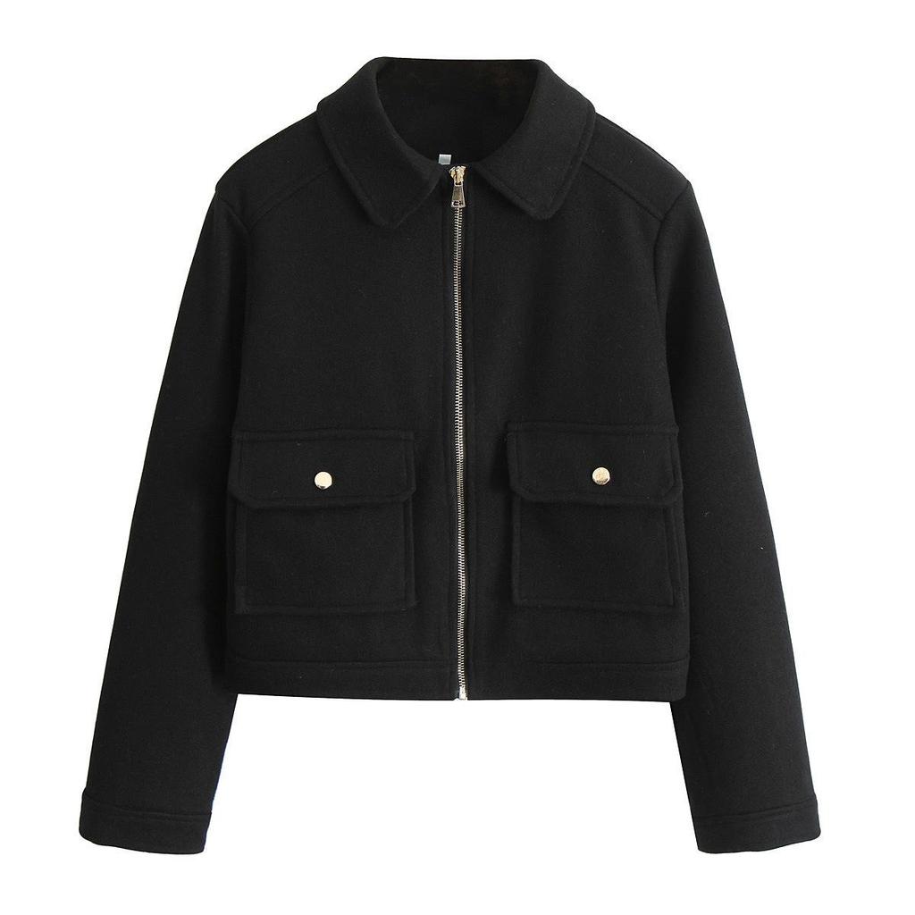 TAOP&ZA Early Spring Soft Jacket with Zipper Detail and Turn-Down Collar, Long Sleeve, Short Outerwear