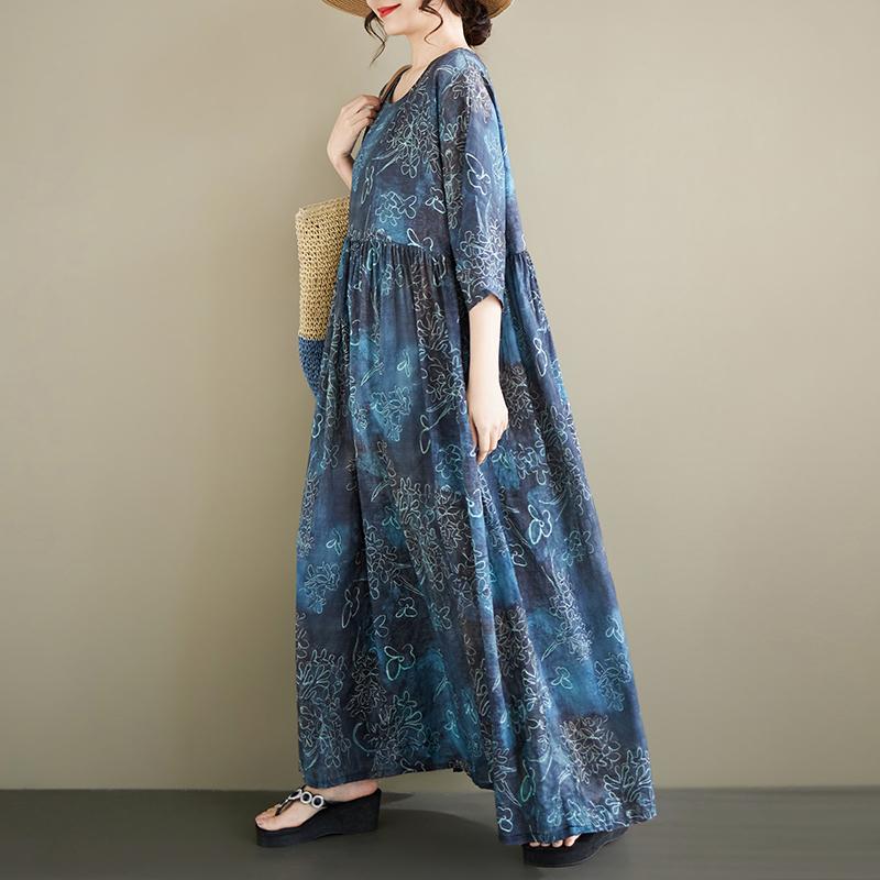 DIMANAF 2026 Summer Beach Women Plus Size Vintage Lady Long Dress Loose Oversize Maxi Print Cotton New