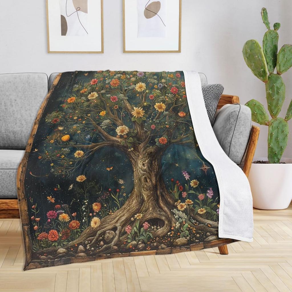 Blumenbaum-Decke magisches Naturdesign Vintage-Kunstmuster weicher Überwurf Boho-Dekor Schlafzimmertextil mystisches Accessoire