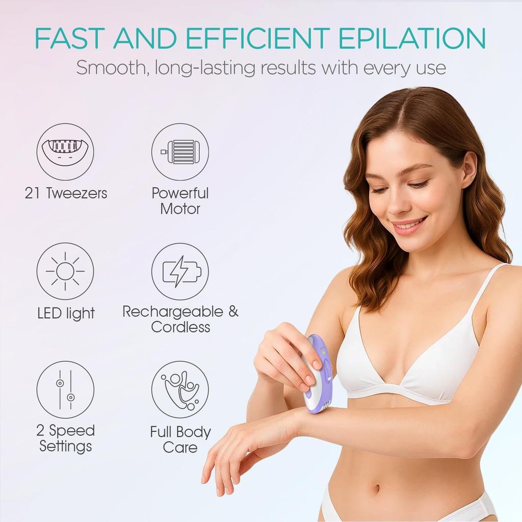 Epilators Hair Removal for Women with 21 Tweezers & LED Light, 2 Speeds Cordless Epilator for Women, Electric Hair Removal Epilators Rechargeable for