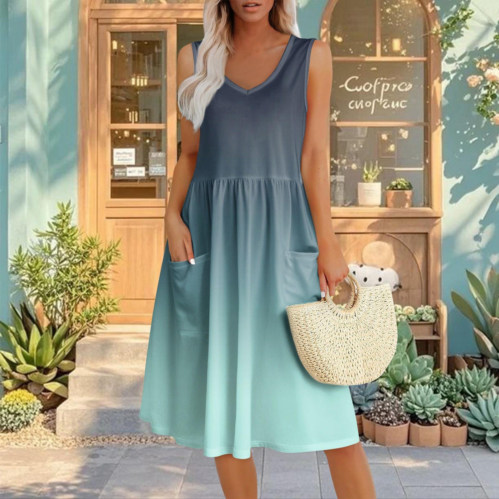 

Summer Casual Midi Dresses For Women Vocation Elastic Waist Sleeveless Knee Length Sundress With Pockets Loose Fit L