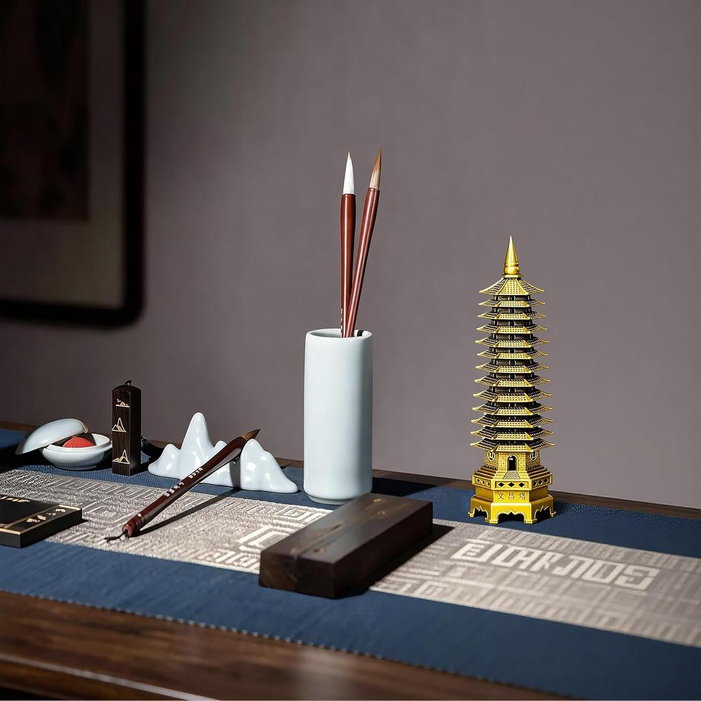 Aris & Juno 13-Tier Brass Pagoda Statue, 7 Inch Wen Chang Tower, Desk Decor for Home Office Study, Feng Shui Symbol for Education & Career Success,