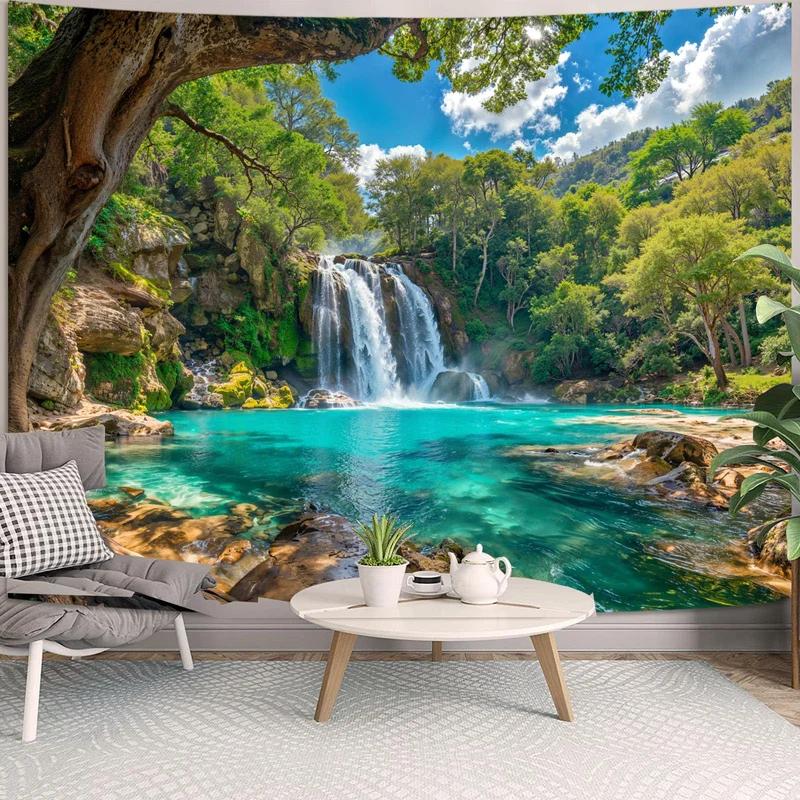 VIKAMA Forest Waterfall Tapestry Clear Turquoise Lake Nature Scenery Wall Hanging Background Cloth for Home Room Decor