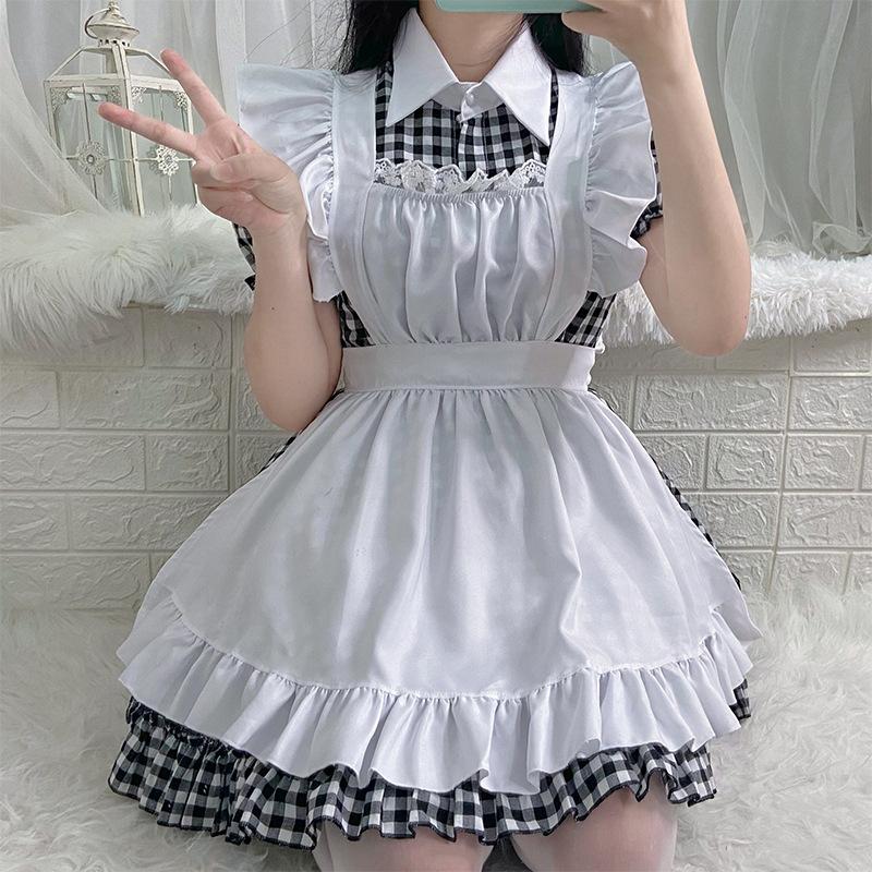 Japanese anime maid outfit restaurant cafe plaid dress cosplay costume suit