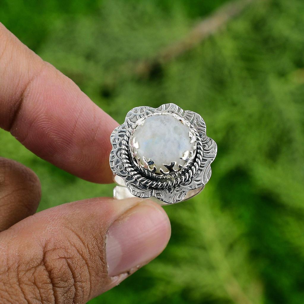 Natural Rainbow Moonstone Gemstone 925 Silver Promise Adjustable Ring For Women