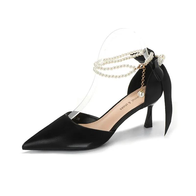 Fashion Women Summer High Heels Sandals Lady Pointed Toe Stiletto Butterfly Knot Pumps Fashion Pearl Buckle Strap Wedding Bridal Shoes