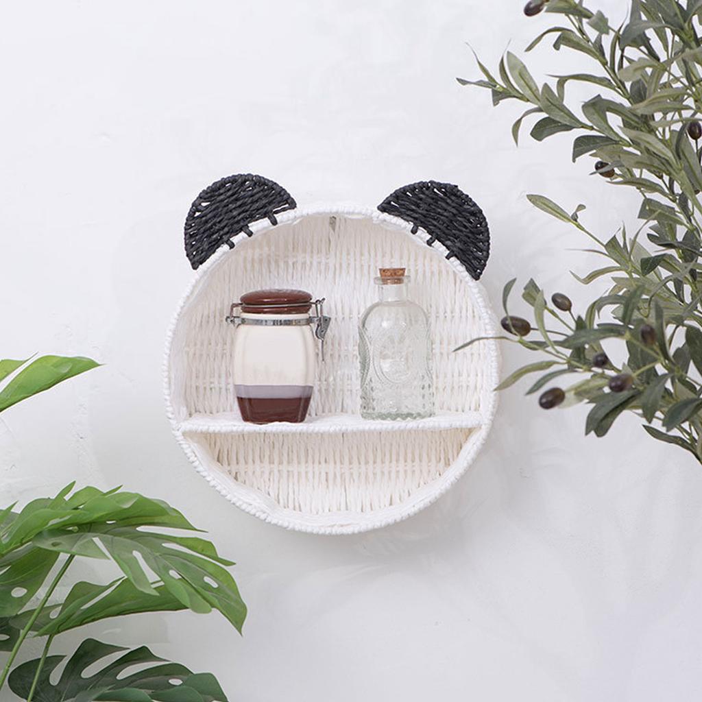 Cute Panda Ears Floating Shelves Imitation Rattan Woven Wall Shelf Hanging Storange Basket Small Plants Display Rack