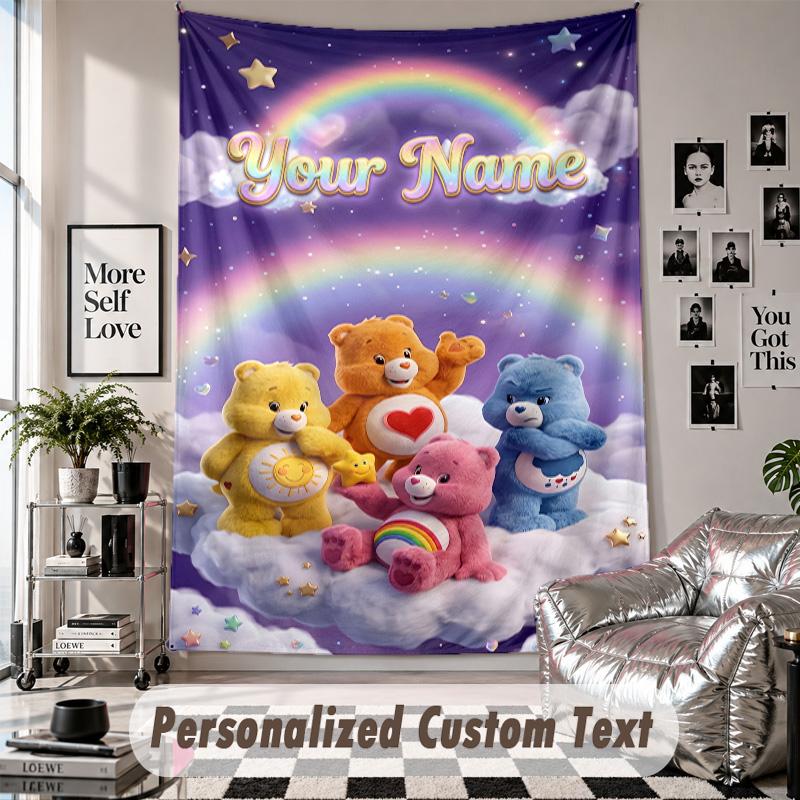 Wall Hanging Tapestry With Custom Name & Text, Care Bears Decorative Tapestry For Bedroom