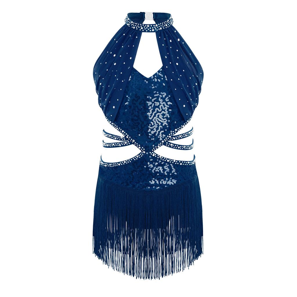 Dziewczęca Sukienka do Tańca Latynoamerykańskiego Bez Rękawów Marszczona Siateczkowa Góra Wycięcie w Talii Paski Błyszczące Frędzle Cyrkonie Płatki Sequins Body