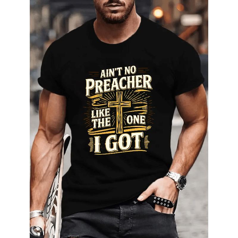 

European Size Golden Retro Text Paired with Cross Scroll Pattern Print, Religious Theme Creativity, Fashionable and Versatile Daily Top, 4XL чорний