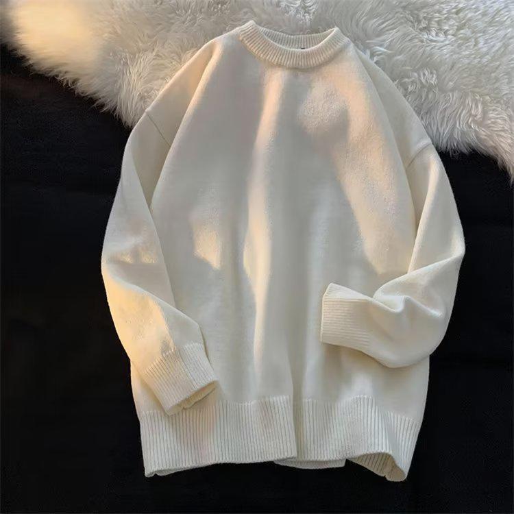 Men's Spring Loose Fit Round Neck Solid Color Pullover Sweater – Hong Kong Style Casual Top