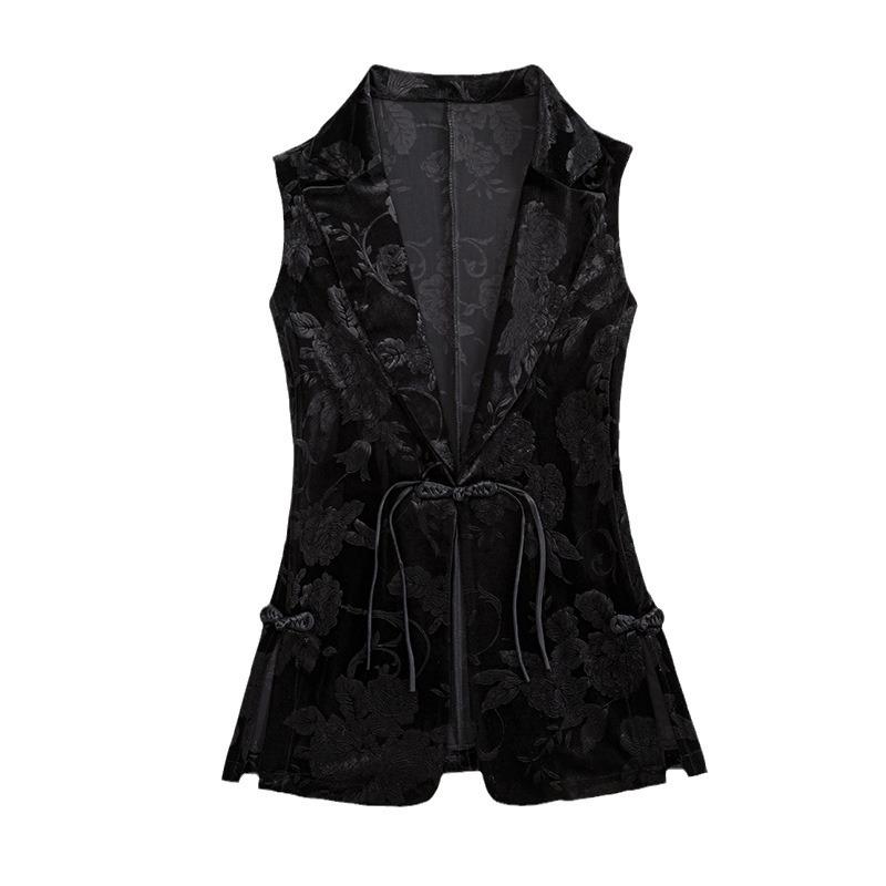 Women's Retro Gold Velvet Frog Button Vest - Black Sleeveless Waistcoat, Spring 2024