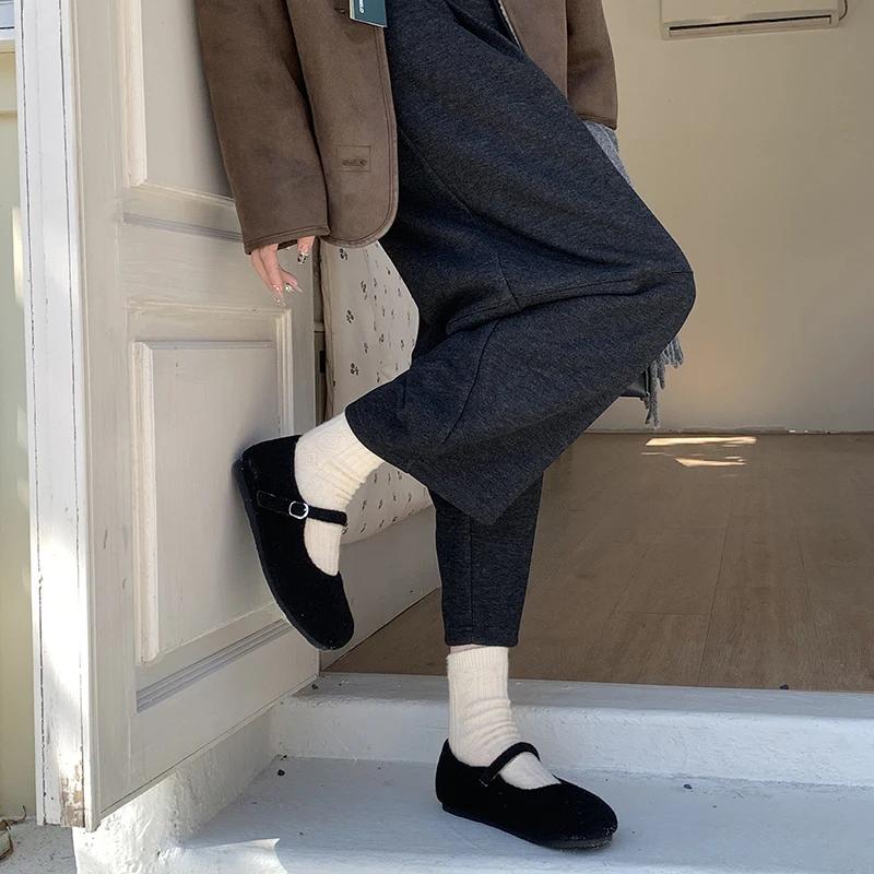 Módní Zimní Teplé Fleecové Dámské Boty Mary Jane Módní Mělké Roztomilé Baleríny Pohodlné Venkovní Boty s Měkkou Podrážkou