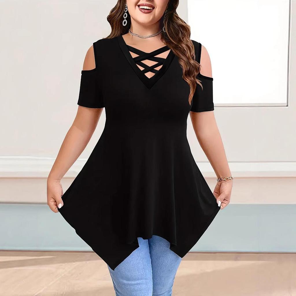 V-Neck Off-Shoulder Short-Sleeve Crossover Strap Women's T-Shirt