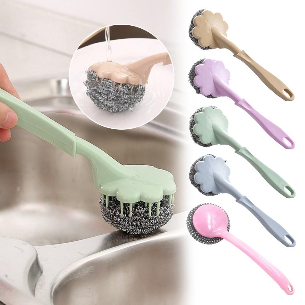 New Long Handle Cleaning Ball Oil Removal Non-stick Oil Steel Wire Ball Brush Multi-function Pot Washing Brush Kitchen Accessory