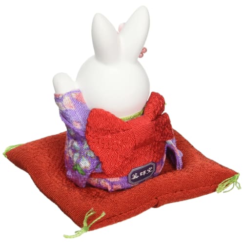 Yakushi Kiln Nishiki-sai Chirimen Flower Rabbit (Left Hand Raised, Small)