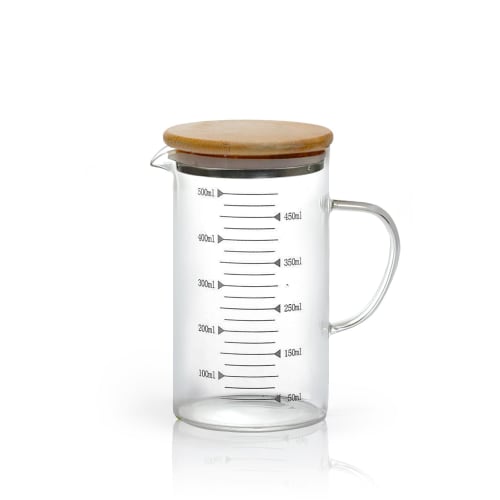 

500ml Heat-Resistant Glass Measuring Cup with Natural Wood Lid, Upgraded Lid - Stainless Steel Bottom for Hygiene, Handle Included, Microwave Safe! (5