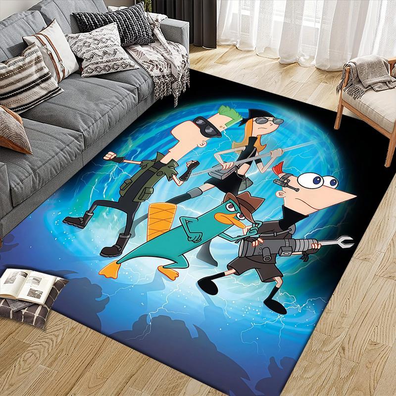 Phineas and Ferb2 Flannel Pattern Square Carpet,Area Rug,Carpet Rug for Living Room Bedroom Sofa Playroom Decor,Non-slip Floor Mat