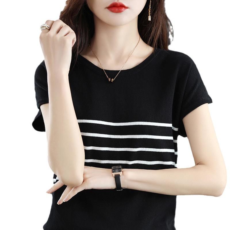 Women's Spring 2024 Cotton Striped Knitwear T-Shirt - Short Sleeve, Round Neck